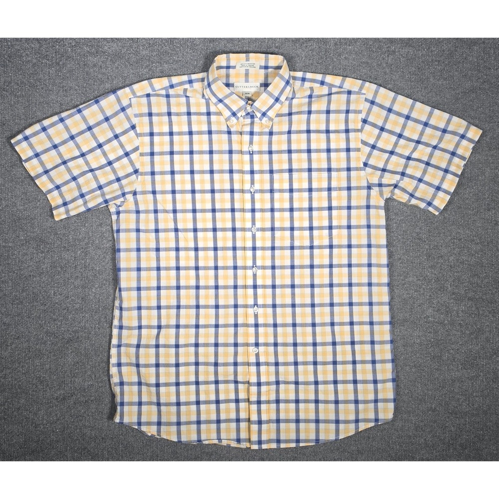 Cutter & Buck Mens Yellow Blue Plaid Short Sleeve Button Down Shirt Size Medium